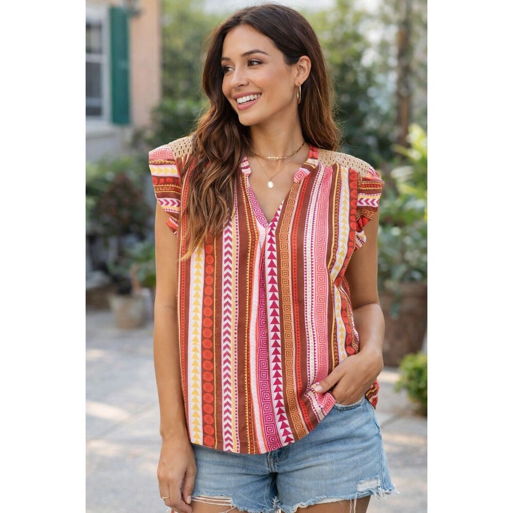 Studio Park Boho Printed Blouse Crochet Shoulder Detail Linen Blend Top